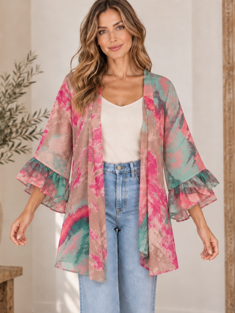 Umgee Pink Teal Watercolor Ruffle Sleeve Kimono - S/M, will fit a L (070566) 🌼